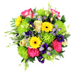 The image shows a sumptuous bouquet poised against a white backdrop, its colours and textures brought into sharp focus as though it has just been placed on the counter of a Stanmore flower shop. At the centre, rich hot pink roses, each tipped delicately in white, open generously, their layered, velvety petals creating a soft, romantic core. Encircling them are bright yellow gerbera daisies, their dark brown centres and many slender petals forming circular bursts of colour that lend the arrangement an unmistakably cheerful energy. Between these standout blooms, tightly packed lime green button chrysanthemums are tucked in, their rounded, cushion-like shapes adding playful structure and a fresh, grassy vibrancy reminiscent of the open spaces around Stanmore Common. Threaded throughout the design, clusters of soft lavender-blue aster-style flowers and deeper purple, bell-shaped lisianthus or eustoma introduce cooler hues, creating a pleasing contrast and a sense of depth, as if some flowers sit closer while others recede into shadow. The bouquet is enveloped in a rich array of foliage: broad, smooth leaves, finely textured fern-like fronds, and a few variegated stems edged in pale cream, all radiating outward to frame the colourful blooms. Delicate green buds and slender shoots extend slightly beyond the main dome of flowers, suggesting ongoing growth and giving the arrangement an animated, natural silhouette. The palette of vivid pink, sunny yellow, bright lime, and regal purple together evokes joy, optimism, and heartfelt thoughtfulness, making this bouquet an ideal choice for birthdays, thank-you gestures, or comforting occasions in the Stanmore area. Every stem appears carefully positioned, reflecting the skill and sensitivity of an experienced florist who understands both visual impact and emotional resonance.
