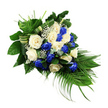 A dignified blue and white rose spray for funerals and memorials is displayed against a crisp white background, its shape flowing from a fuller cluster of foliage and blooms at the upper left to a tapered point of palm leaves at the lower right. The central focus is a generous collection of fully opened roses, around two dozen in total. Deep sapphire blue roses bring a sense of depth and contemplation, their velvety petals forming intricate spirals, while creamy white and ivory roses offer contrast, their softer tones speaking of purity and remembrance. Scattered gently throughout are fine sprays of white baby's breath, forming light, cloud-like tufts that break up the solid planes of colour and add delicacy to the composition. The flowers sit within a lush frame of greenery: broad, dark green leaves offer a smooth, polished surface that anchors the design, while feathery fern fronds at the top left bring a sense of lightness and subtle upward movement. From the lower right, long, slender palm fronds arc out and down, defining the classic teardrop or sheaf silhouette traditionally used in funeral tributes. Here and there, sprigs of bluish-green eucalyptus peek through, adding both a cool hue and a slightly different leaf shape to the mix. Decorative folded bands of variegated green-and-cream foliage coil gracefully among the leaves, hinting at the careful hands and experienced eye of the florist who created it. The overall impression is one of quiet elegance and heartfelt condolence, the sort of blue and white rose arrangement a family in Stanmore might choose to honour a life at a local service near Canons Park, Stanmore Broadway, or along the peaceful edges of the surrounding countryside.