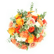 Captured from a bird's-eye view on a crisp white background, this bouquet appears as a radiant, rounded cluster of warm-toned flowers, the kind of polished yet welcoming design you might find prepared for a special occasion in Stanmore. Dominating the centre are roses in shades of deep gold, sunny yellow, and vivid tangerine, their tightly furled petals layering in delicate spirals that add richness and depth. Nestled around them are generous carnations in peach and bright orange, their soft, ruffled edges overlapping like waves of colour, lending fullness and a tactile, plush quality. Interspersed throughout, gerbera daisies display their characteristic ray-like petals in gentle peach and light orange, some with subtle pink centres that draw the eye, giving the bouquet a cheerful, contemporary feel. Small clusters of white and pale green filler flowers, similar in appearance to Astrantia or other fine-textured blooms, are tucked between the larger heads, adding a subtle, airy contrast and highlighting the individual shapes of each stem. Eucalyptus sprigs, with their rounded, silvery-green leaves, intertwine with more vivid greenery, bringing a hint of coolness and a fresh, natural impression, like a breeze through the gardens around Stanmore Country Park. The bright, even lighting makes the colours stand out intensely against the white surface, emphasizing the harmonious blend of oranges, yellows, peaches, and greens. The bouquet's mood is joyful, warm, and quietly celebratory-ideal for birthdays, congratulations, or to bring a lift of sunshine into a home in Stanmore, whether placed on a dining table near Stanmore Hill or a cosy window ledge overlooking the local streets.
