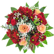 This bouquet, lush and expertly constructed, brings together the best of Stanmore's floral artistry. In the soft glow of natural light, apricot-hued roses take centre stage, their petals unfolding with a delicate blush that echoes the gentle sunset over Stanmore's suburban skyline. Deep red spray chrysanthemums and petite roses are nestled around them, each velvet petal catching the eye with rich crimson intensity. Wispy clouds of white gypsophila float between the bolder blooms, their airy clusters offering a playful, almost ethereal accent-like a quiet walk through the dewy mornings at Bernays Gardens. Encircling everything is a frame of broad, lustrous green leaves, paired cleverly with silvery eucalyptus for a refreshing, modern touch. Sleek, dark green leaves, artfully folded, and textural details-perhaps a protea bud or two-introduce intrigue and depth, a hallmark of local Stanmore florists' creative approach. The bouquet's fragrance is subtly sweet, carried on hints of green freshness. Ideal for special birthdays, heartfelt thank-yous, or expressing admiration, this arrangement feels both celebratory and reassuring-a vibrant messenger of love and care, ready to be delivered throughout Stanmore and embraced in any home.