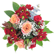 Celebrating both contrast and cohesion, this bouquet encapsulates the spirit of Stanmore's tree-lined streets and family gardens. The soft, spiralled petals of peach roses glow against a group of deep crimson chrysanthemums, their small lime-green centers adding playful highlights to the arrangement. Dustings of baby's breath float between blooms, infusing a sense of lightness and easy elegance, while glossy green leaves shape and frame the fullness of the bouquet. Eucalyptus branches, with their powdery blue-green tones, nestle in particularly at the upper edges, bringing a breath of fresh, cool colour. On the left, a sculptural, reddish-brown spiky feature-perhaps a protea bud-offers a surprising note, much like the hidden gems discovered in Stanmore's weekend flower markets. The arrangement forms a rounded silhouette and speaks to moments of celebration: birthdays in Stanmore's garden rooms, milestones with loved ones, or simply a spontaneous act of kindness. Its gentle scent-a fusion of rose and green foliage-invites you to linger. Crafted with an eye for both local character and timeless floral style, this bouquet delivers beauty, warmth, and a lasting memory to homes across Stanmore.