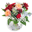 This lush and welcoming bouquet, designed with Stanmore's leafy serenity in mind, brims with emotion and artistry. Centre stage are two sumptuous apricot roses, their petals curling with gentle vibrancy, calling to mind early blooms in Stanmore's private gardens. A single deep red rose nestles lower, evoking quiet romance, while velvety burgundy chrysanthemums add plush, textural abundance reminiscent of a stroll through Bernays Gardens in late autumn. Light, airy clouds of white gypsophila weave throughout, brightening the arrangement and offering a delicate counterpoint to the dominant reds and oranges. The supporting cast of glossy dark green leaves and aromatic, silver-tinted eucalyptus curves around each bloom, introducing movement and a touch of woodland freshness. A distinctive feature is the cluster of plum-coloured, succulent foliage that adds modern intrigue and depth, echoing subtle layers found in local Stanmore landscapes. The arrangement is grounded by a spherical glass vase, its surface shining under soft daylight and the stems fanning naturally within, further enhancing the bouquet's organic feel. Each placement in this composition speaks to thoughtfulness and craftsmanship, making it a perfect choice for birthdays, anniversaries, or simply adding a flourish of Stanmore-inspired elegance to any home.