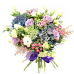 A celebration of romantic finesse and local artistry, this gorgeous bouquet-crafted by Flowers Stanmore-sits resplendent against a bright white background, its lush hydrangea blooms in shades of indigo, teal, and gentle purple echoing the peaceful gardens and open spaces of this welcoming community. Accents of lilac and white roses gently unfold throughout the design, each petal soft and velvety to the touch, bringing an air of tranquillity reminiscent of Stanmore's early morning calm. Plush white ranunculus and pale yellow lisianthus buds nestle closely among the larger blooms, adding textural variety and uplifting brightness that lends the bouquet a hand-tied, garden-inspired charm. Sprightly sprays of fuchsia blossoms and wisps of pink astilbe flutter along the edges, their movement and hues brightening the arrangement like the first signs of spring. Delicate, lacy filler flowers in green and white lend hidden intricacy, much like the detail in Stanmore's historic architecture. The entire arrangement is seamlessly drawn together with a glossy royal purple satin ribbon at the stem, providing an elegant finishing touch. Perfect for expressing love or congratulations, this bouquet radiates warmth and is available for bespoke delivery throughout Stanmore.
