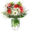 Bringing the spirit of Stanmore's green spaces indoors, this bouquet is an ode to brightness and fresh beginnings. The lively coral-pink carnations in the center are ruffled and uplifting, their fullness accentuated by the surrounding ring of snowy chrysanthemums-their multi-petaled faces catching Stanmore's gentle daylight. Playful white daisies adorned with sunny green cores capture a youthful, countryside charm, echoing scenes from the walking trails around Bernays Gardens. Baby's breath dances through the bouquet in airy clusters, lending softness and a light, romantic veil that tempers the robust character of the main blooms. Closed alstroemeria buds, a deep magenta, offer a promise of unfolding color, set against a supportive collar of glossy, emerald foliage that cradles the design and ties all elements together. Each sturdy stem is visible through the water of the simple clear glass vase, a nod to freshness and attention to detail in every Stanmore home receiving local florist delivery. Set before a spotless white background, the colors, forms, and delicate shadows come alive under bright, even light. Perfect for gifting on birthdays, welcoming loved ones home, or simply lighting up a sunlit kitchen, this bouquet embodies the easy elegance and joyful energy that define Stanmore.