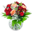 From the first glance, this bouquet exudes the sensual warmth and charm that's so much a part of the Stanmore community. Crimson chrysanthemums and radiant deep red roses nestle close around apricot blooms, their petals unfolding in soft spirals like the sunrise over Canons Drive. Wispy clouds of white gypsophila drift gently among the vibrant blossoms, softening the arrangement's fiery tones with a misty touch. The bouquet is encircled by broad green leaves, each one polished and lively, bringing freshness and structure reminiscent of gardens near Stanmore's parks. Set gracefully in a round glass vase, the visible, water-filled stems create a sense of transparency and honest craftsmanship. This composition feels inherently intimate-ideal for romantic occasions, cherished anniversaries, or as a heartfelt message sent across Stanmore. A gentle, sweet scent mingles with undertones of green, like early morning in a favourite garden, every element thoughtfully selected to convey love and care from a local florist's experienced hands.