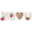 A carefully crafted floral tribute spells out the characters H, E, a full heart and U against a pristine white background, each element rendered with the calm precision of a seasoned florist's hands. The letters H, E and U are built from a compact carpet of pure white chrysanthemums whose clustered petals create a soft, cloud-like texture under gentle studio light; each letter is edged in a ruffled blush-pink satin ribbon that gives a quiet, ribboned frame and a delicate sheen. The heart at the centre reads as a softer, more romantic counterpoint: a dense tapestry of pale pink spray carnations and creamy lisianthus or small roses, the blossoms varying from blush to shell-pink in tone, with pale green eucalyptus leaves threaded through to add breath and cool contrast. Bright fuchsia roses punctuate the display at thoughtful points - a pair of richly hued blooms nestle at the base of the left stroke of the H, a trio rests along the middle bar of the E, and a matched cluster sits in the inside curve of the U - their saturated colour balanced by small clusters of reddish-pink berries and deep-green, fern-like foliage for texture and depth. The white backdrop isolates every petal and ribbon fold, making the arrangement read as both intimate and formal: a statement of devotion that can suit a memorial setting or an intimate celebration of life. As a local Stanmore florist might note, this composition carries symbols of purity and love - white for peace, pinks for affection - and its quiet craftsmanship feels like something you might see curated for a service near Stanmore Common or delivered to a family on Stanmore High Street.